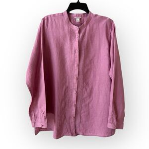 LL Bean Linen Button Up Tunic Top Women’s XL Pintuck Shirt Purple Pink Long Slvs
